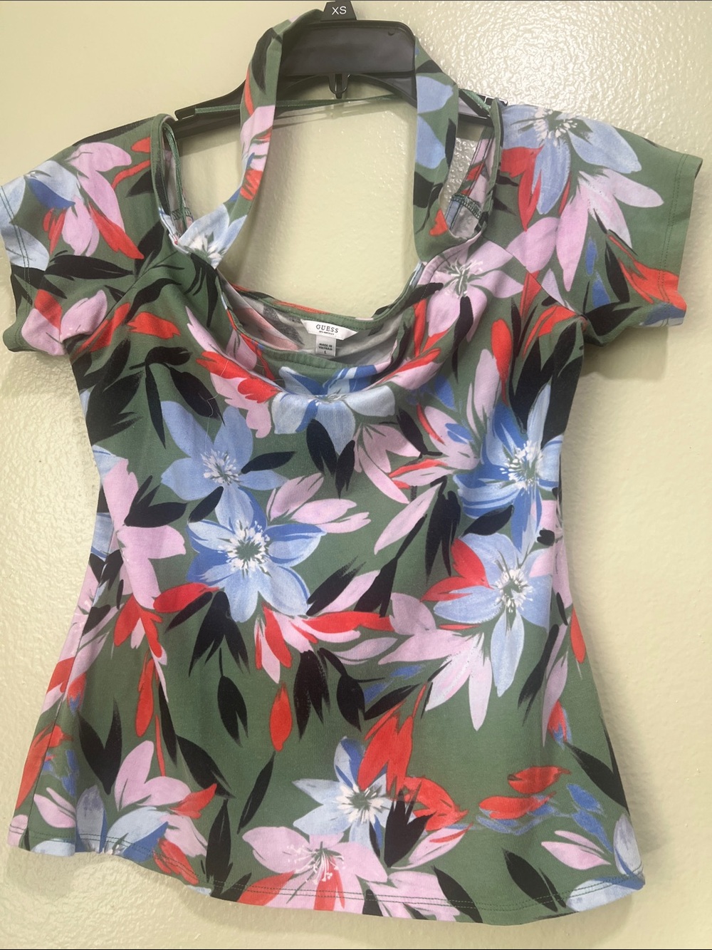 Guess Olive Green Floral Cutout Shoulder Camisole